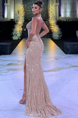 Dreamyannie Champagne Prom Dress Mermaid Spaghetti Strap Sequined Sleeveless Formal Dress With Slit