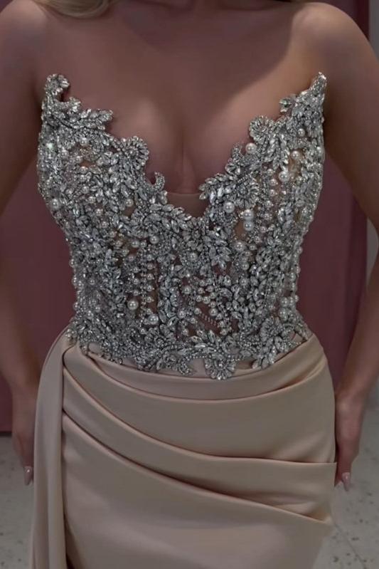 Dreamyannie Champagne Prom Dress Mermaid Strapless Jewels Formal Dress