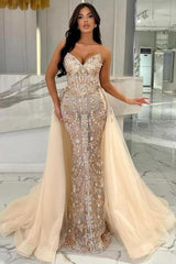 Dreamyannie Champagne Prom Dress Mermaid Strapless Lace Glitter Formal Dress With Detachable Train