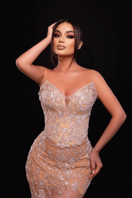 Dreamyannie Champagne Prom Dress Mermaid Sweetheart Sleeveless Lace Formal Dress With Appliques