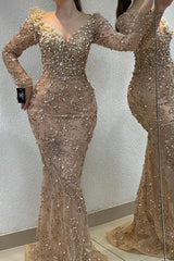 Dreamyannie Champagne Prom Dress Mermaid V Neck Beaded Sleeve Formal Dress With Pearls And Rhinestone