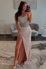 Dreamyannie Champagne Prom Dress Strapless Sheath Beaded Long Formal Dress With Slit