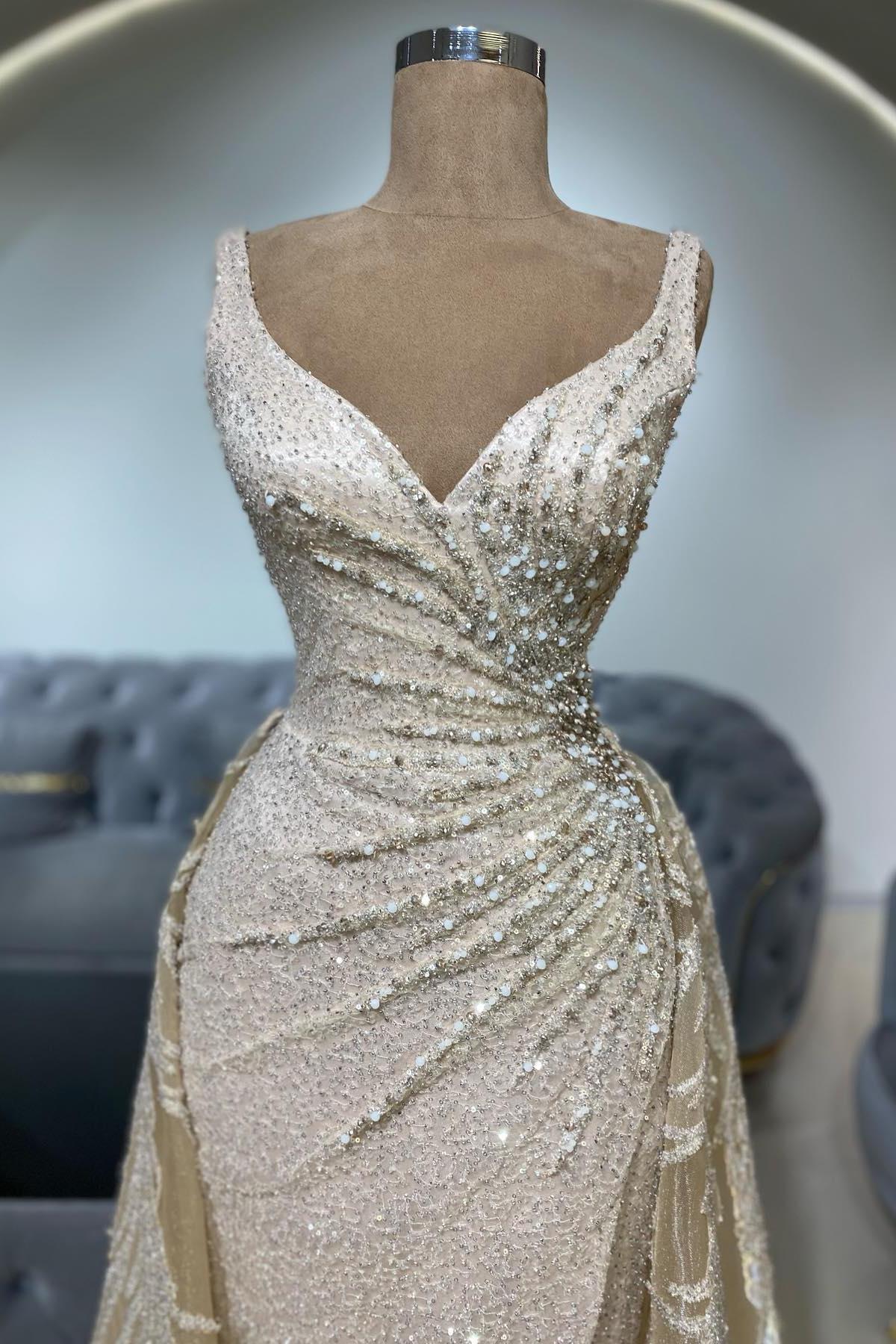 Dreamyannie Champagne Prom Dress V Neck Sequined Beaded Detachable Train Tulle Formal Dress