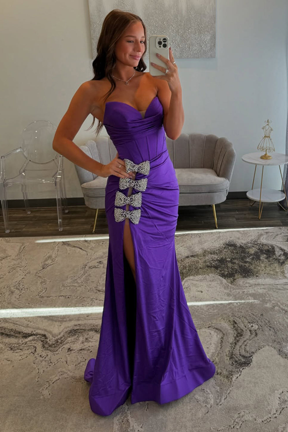 Dreamyannie Chic Purple Prom Dress Corset Sweetheart Mermaid Formal Dress With Slit