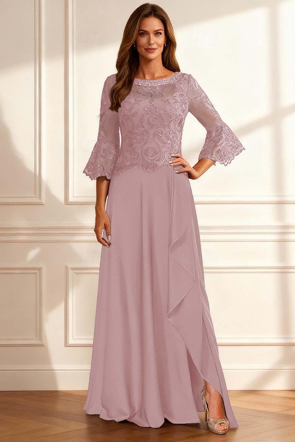 Dreamyannie Coffee Beaded Ruffled A Line Floor Length Mother Of The Bride Dress With Lace