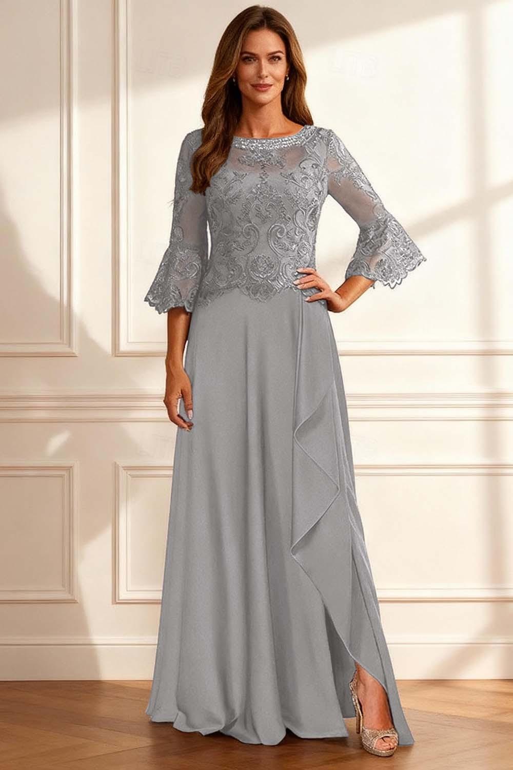 Dreamyannie Coffee Beaded Ruffled A Line Floor Length Mother Of The Bride Dress With Lace