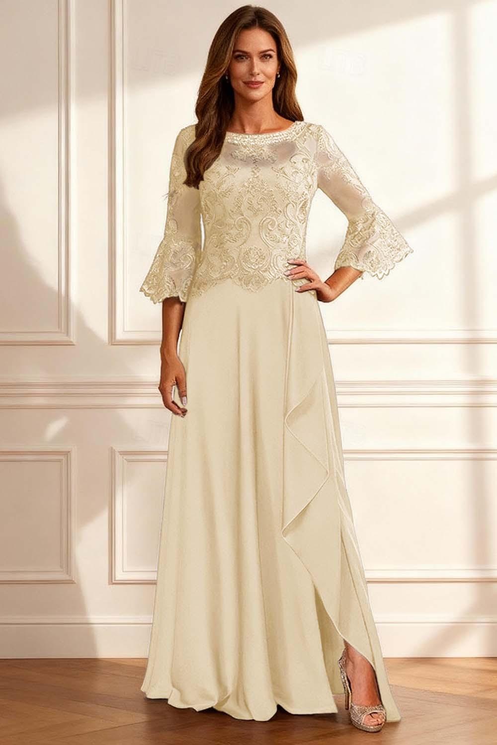 Dreamyannie Coffee Beaded Ruffled A Line Floor Length Mother Of The Bride Dress With Lace