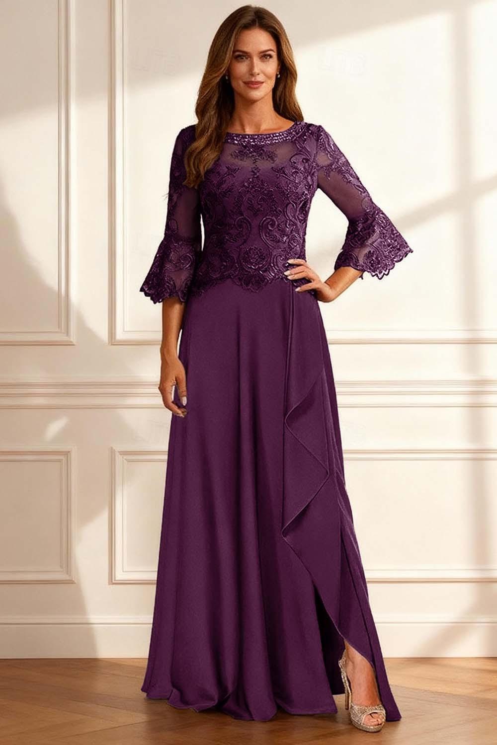 Dreamyannie Coffee Beaded Ruffled A Line Floor Length Mother Of The Bride Dress With Lace