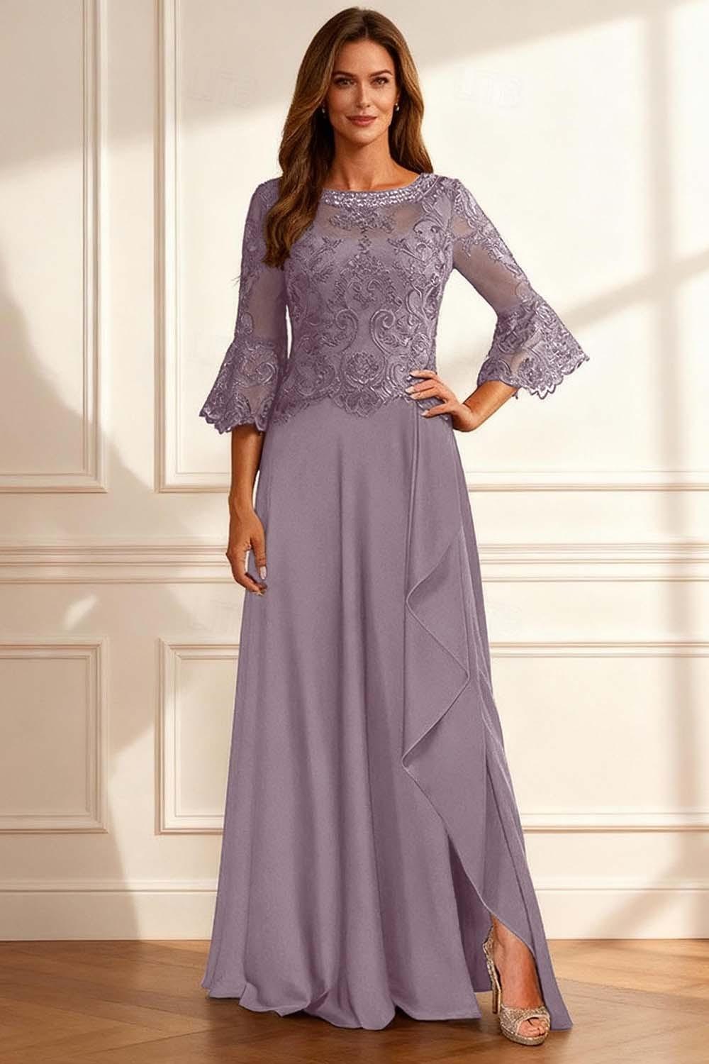 Dreamyannie Coffee Beaded Ruffled A Line Floor Length Mother Of The Bride Dress With Lace