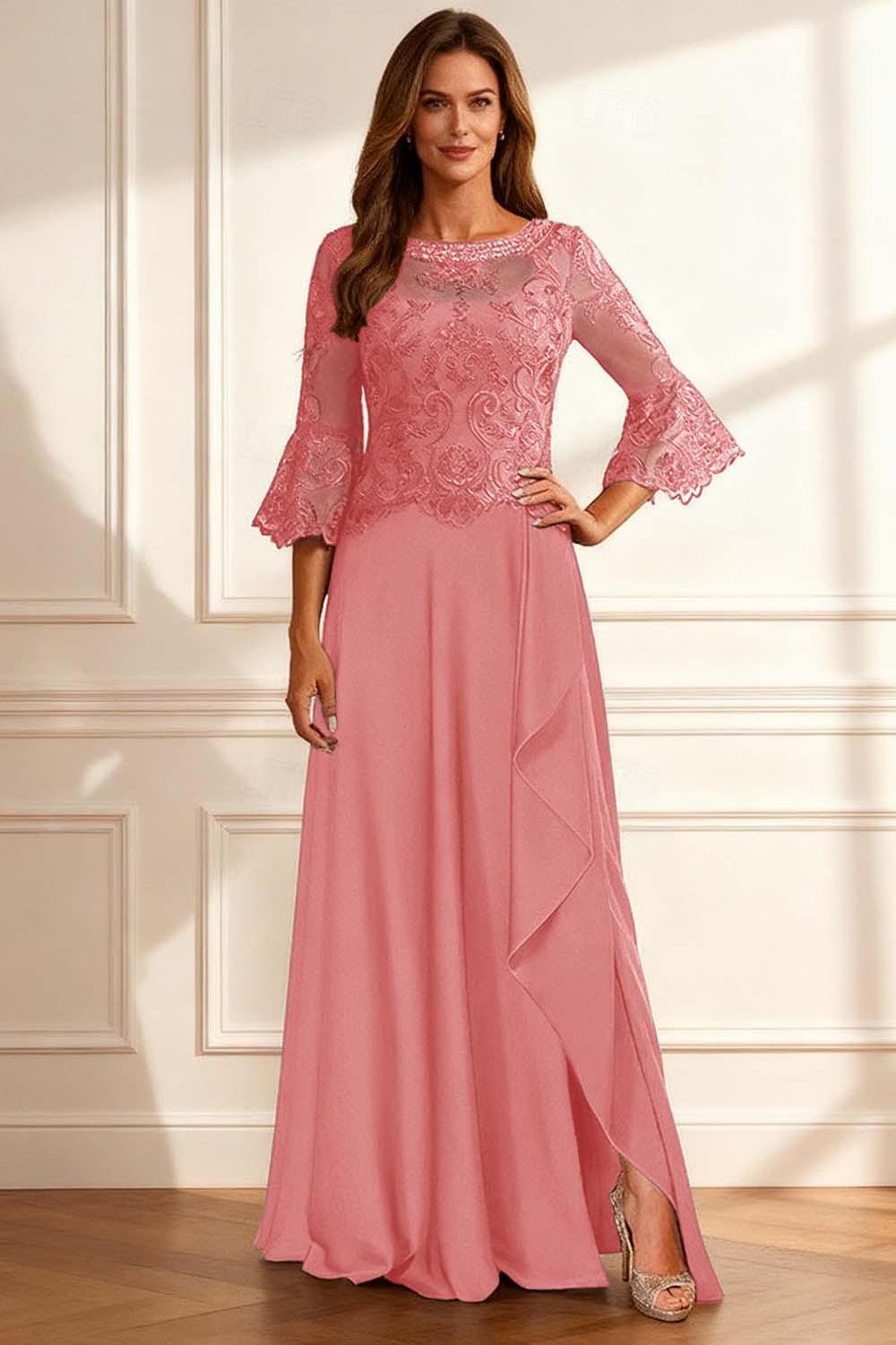 Dreamyannie Coffee Beaded Ruffled A Line Floor Length Mother Of The Bride Dress With Lace
