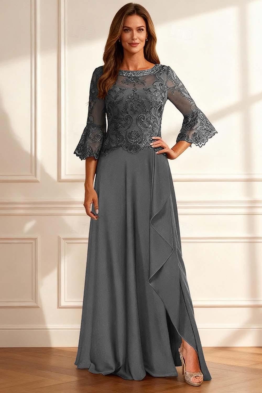 Dreamyannie Coffee Beaded Ruffled A Line Floor Length Mother Of The Bride Dress With Lace