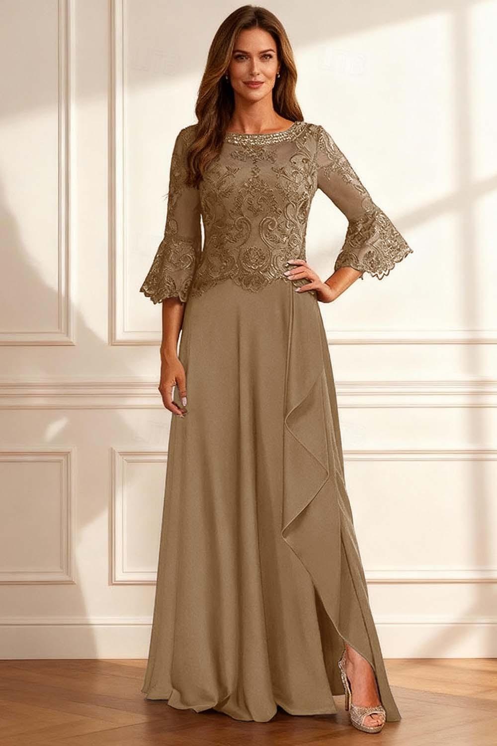 Dreamyannie Coffee Beaded Ruffled A Line Floor Length Mother Of The Bride Dress With Lace