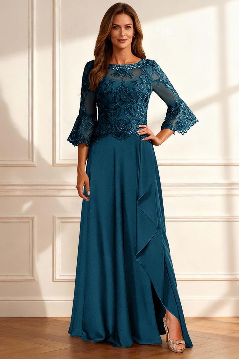 Dreamyannie Coffee Beaded Ruffled A Line Floor Length Mother Of The Bride Dress With Lace