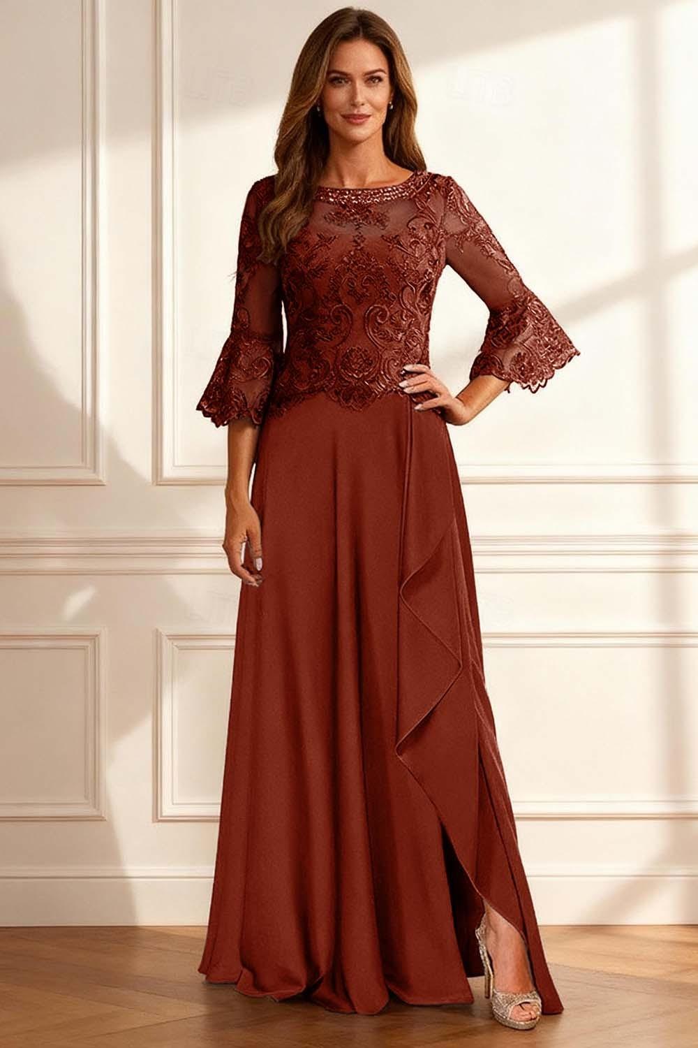 Dreamyannie Coffee Beaded Ruffled A Line Floor Length Mother Of The Bride Dress With Lace