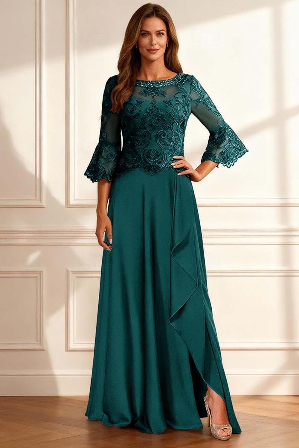 Dreamyannie Coffee Beaded Ruffled A Line Floor Length Mother Of The Bride Dress With Lace