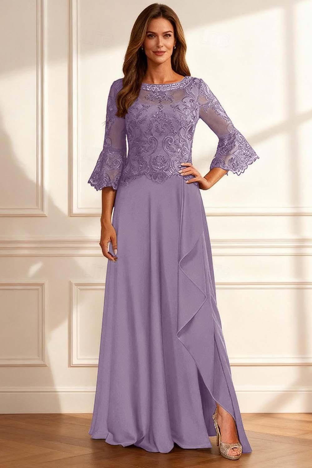 Dreamyannie Coffee Beaded Ruffled A Line Floor Length Mother Of The Bride Dress With Lace