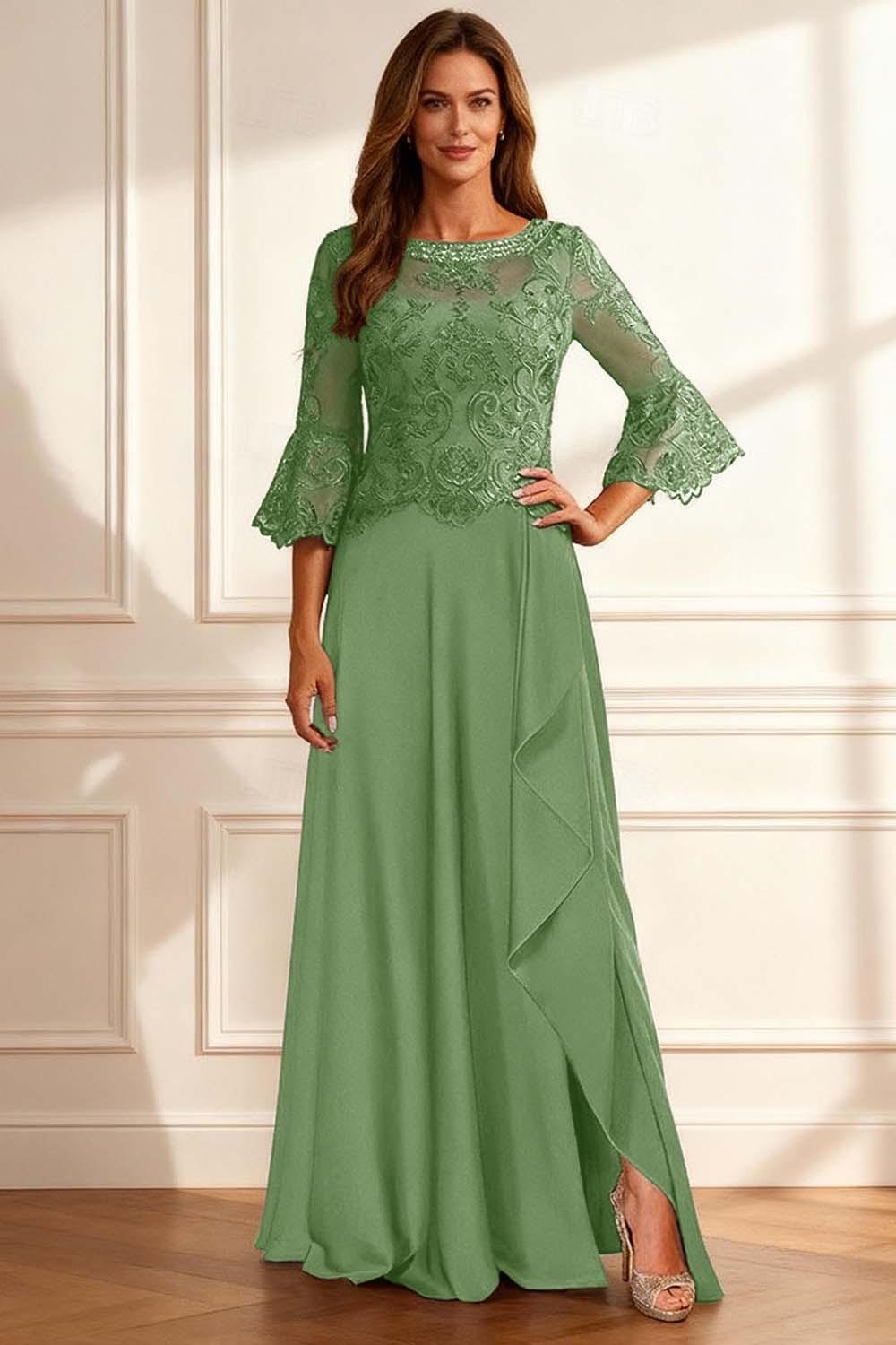 Dreamyannie Coffee Beaded Ruffled A Line Floor Length Mother Of The Bride Dress With Lace