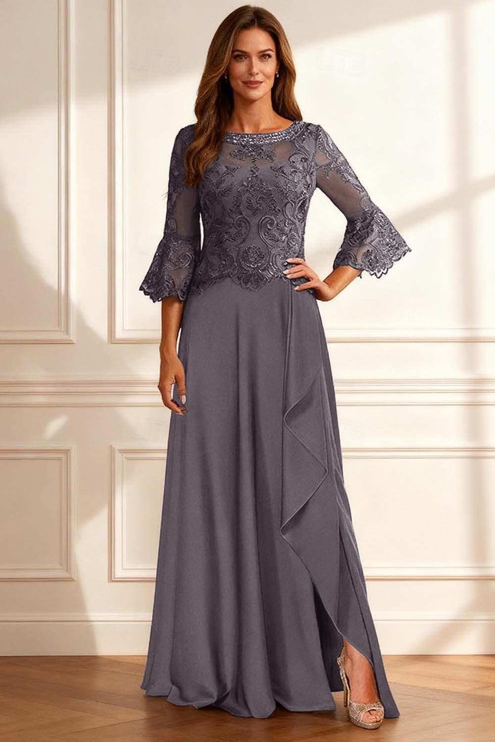 Dreamyannie Coffee Beaded Ruffled A Line Floor Length Mother Of The Bride Dress With Lace