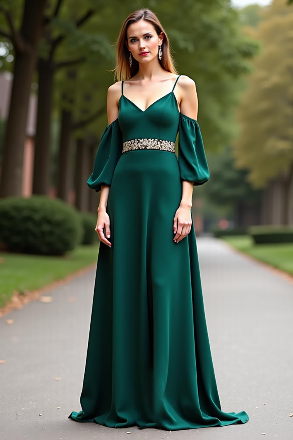 Dreamyannie Cold Shoulder Satin Dark Green Wedding Guest Dress Long Formal Dress