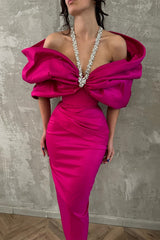 Dreamyannie Column Satin Halter Half Sleeve Pink Prom Dress Formal Dress With Bow Knot
