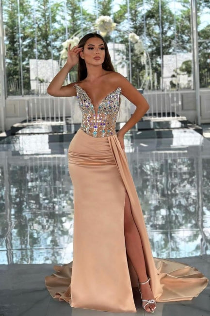 Dreamyannie Column Satin Prom Dress V Neck Sleeveless Formal Dress With Beading