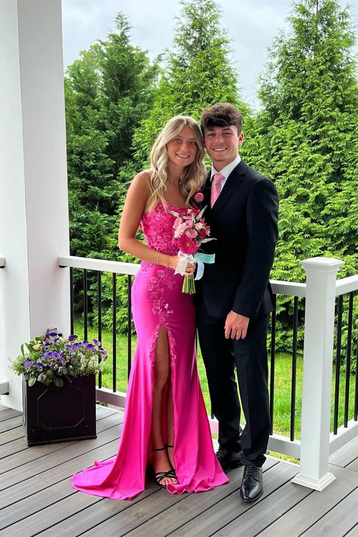 Dreamyannie Column Satin Spaghetti Straps Sleeveless Pink Prom Dress Formal Dress With Appliques Slit