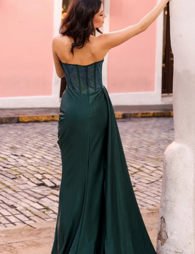 Dreamyannie Column Satin Strapless Sleeveless Formal Dress With Slit