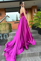 Dreamyannie Column Satin Strapless Sleeveless Pink Prom Dress Formal Dress With Sequined Split