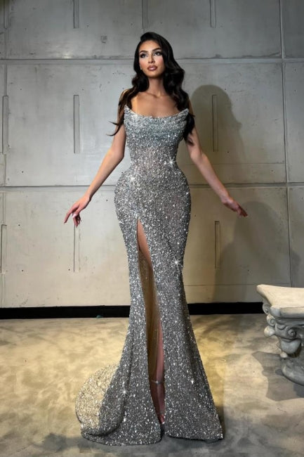 Dreamyannie Column Sequined Prom Dress Sleeveless Formal Dress With Split