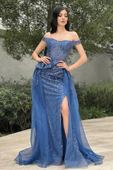 Dreamyannie Column Tulle Lace Off The Shoulder Sleeveless Blue Prom Dress Formal Dress With Slit