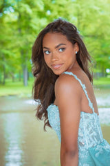 Dreamyannie Column Tulle Lace Spaghetti Straps Sleeveless Formal Dress With Appliques