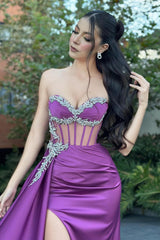 Dreamyannie Column Tulle Satin Sweetheart Sleeveless Formal Dress With Slit