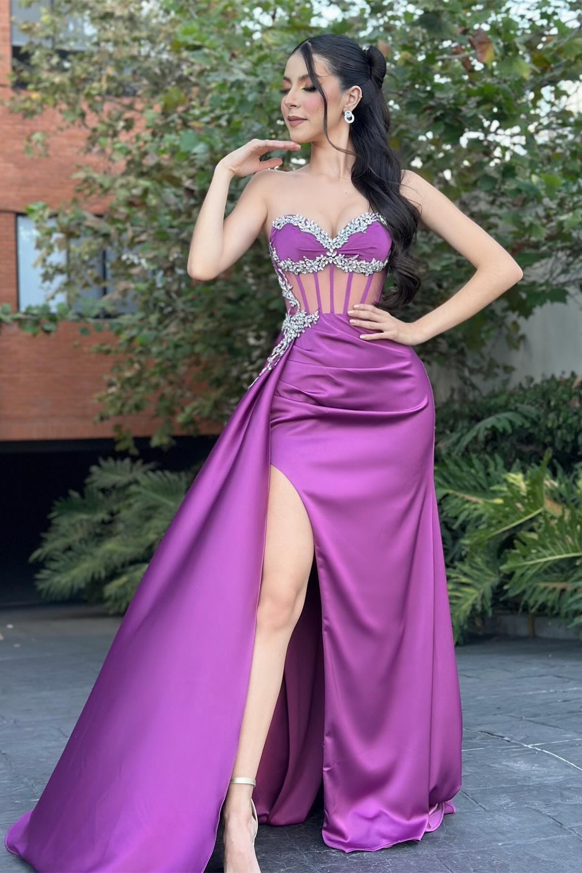 Dreamyannie Column Tulle Satin Sweetheart Sleeveless Formal Dress With Slit