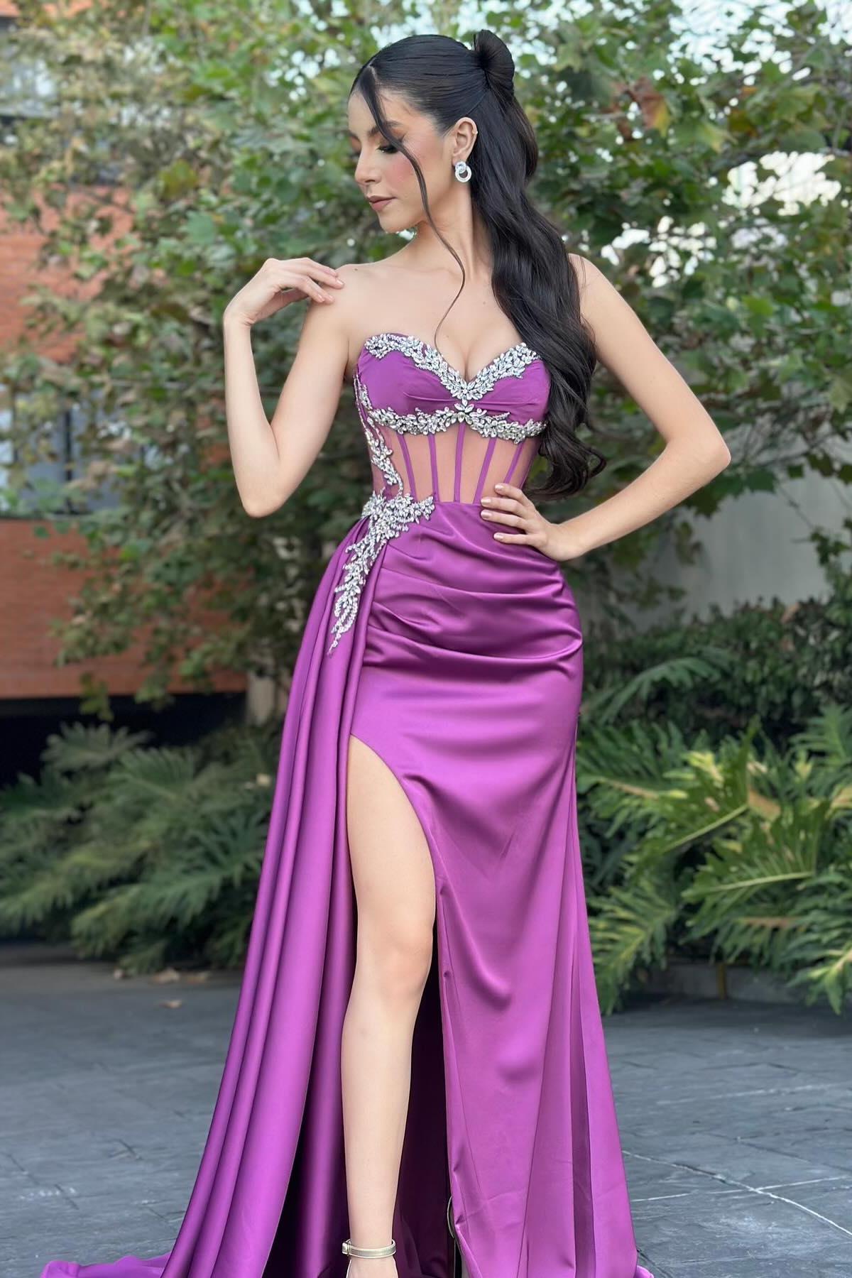 Dreamyannie Column Tulle Satin Sweetheart Sleeveless Formal Dress With Slit