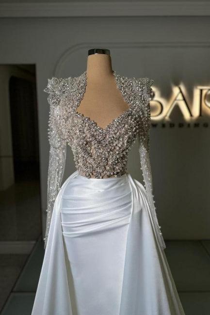 Dreamyannie Column Tulle Satin Wedding Dress Sweetheart Sleeve Formal Dress Panel Train With Rhinestone