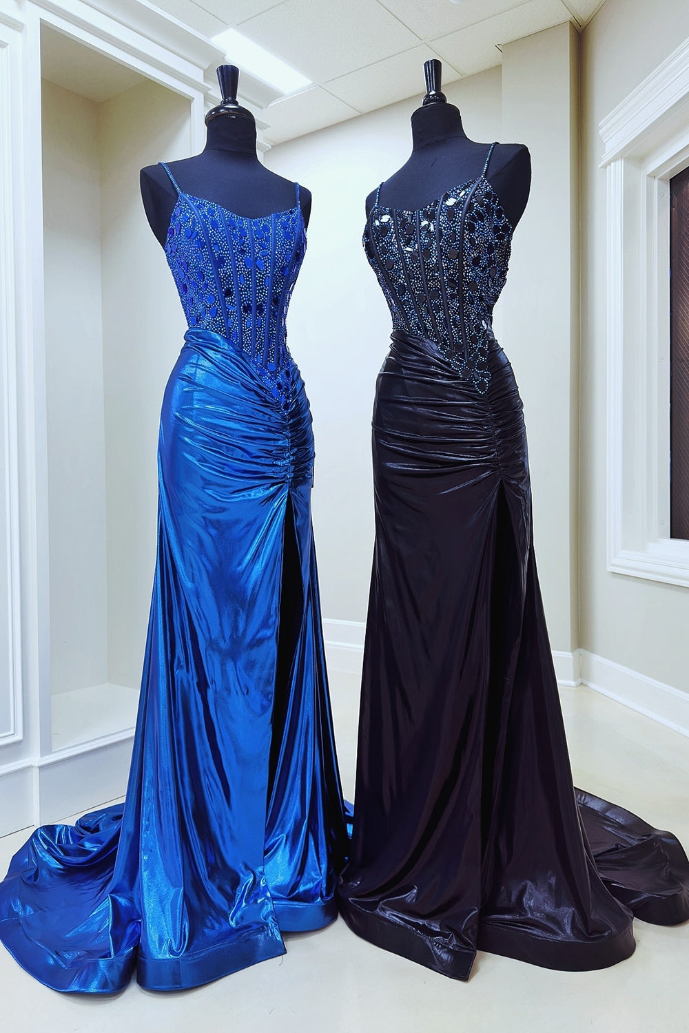 Dreamyannie Copper Sequined Mermaid Spaghetti Straps Long Formal Dress With Slit