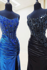 Dreamyannie Copper Sequined Mermaid Spaghetti Straps Long Formal Dress With Slit