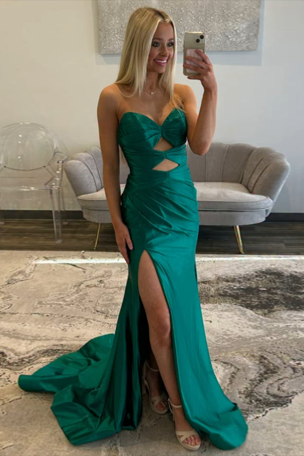 Dreamyannie Cut Out Emerald Green Prom Dress Sweetheart Sheath Formal Dress With Slit