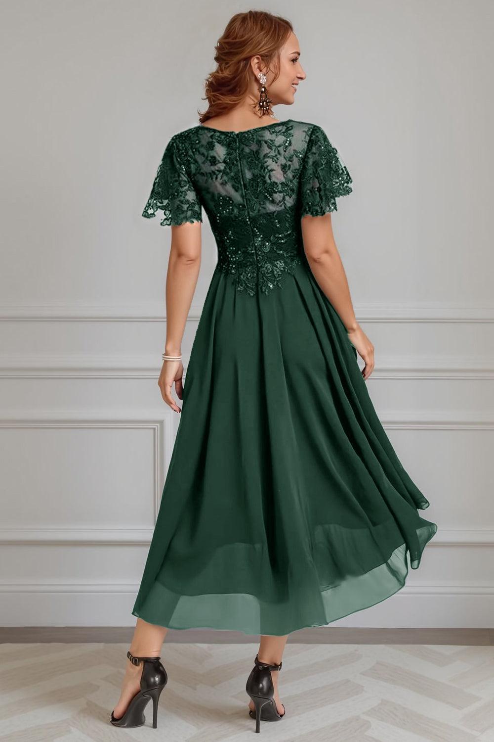 Dreamyannie Dark Green Beaded A Line Tea Length Mother Of The Bride Dress With Lace
