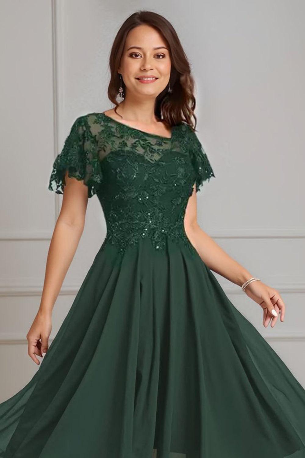 Dreamyannie Dark Green Beaded A Line Tea Length Mother Of The Bride Dress With Lace