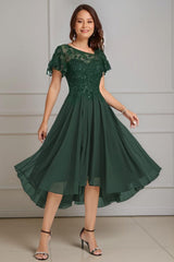 Dreamyannie Dark Green Beaded A Line Tea Length Mother Of The Bride Dress With Lace