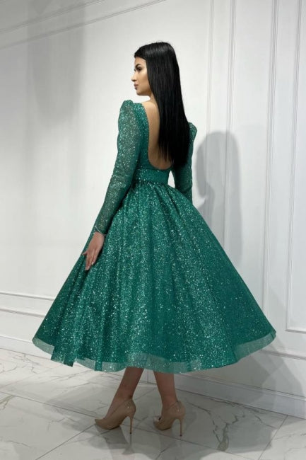 Dreamyannie Dark Green Prom Dress A Line Sequined Ankle Length Formal Dress With Sleeves