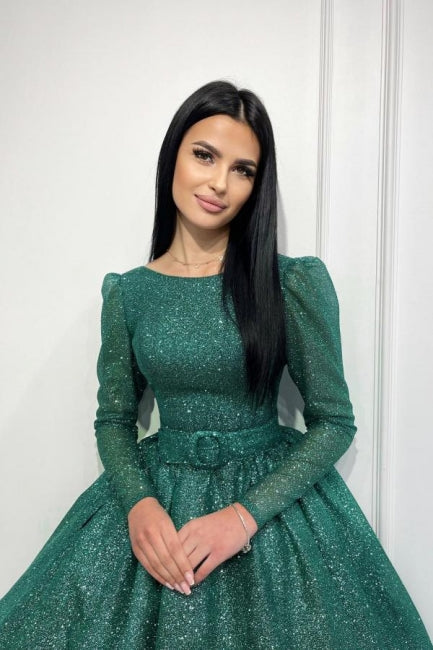 Dreamyannie Dark Green Prom Dress A Line Sequined Ankle Length Formal Dress With Sleeves