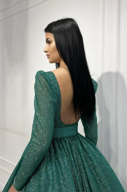 Dreamyannie Dark Green Prom Dress A Line Sequined Ankle Length Formal Dress With Sleeves