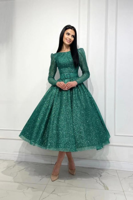 Dreamyannie Dark Green Prom Dress A Line Sequined Ankle Length Formal Dress With Sleeves