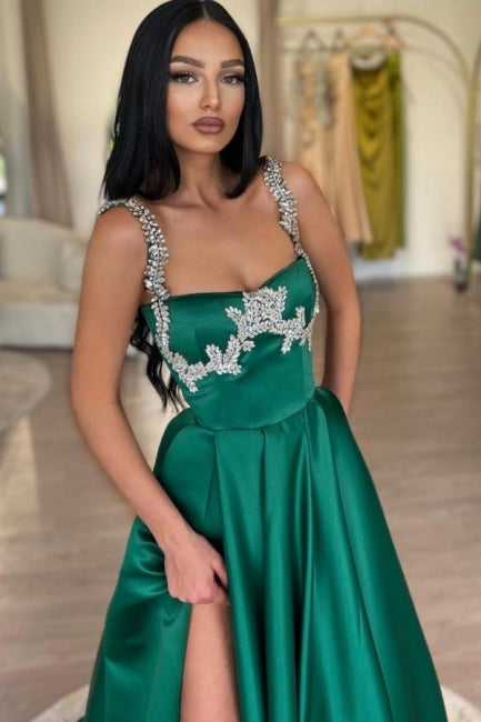 Dreamyannie Dark Green Prom Dress A Line Sleeveless Rhinestones Satin Formal Dress With Slit