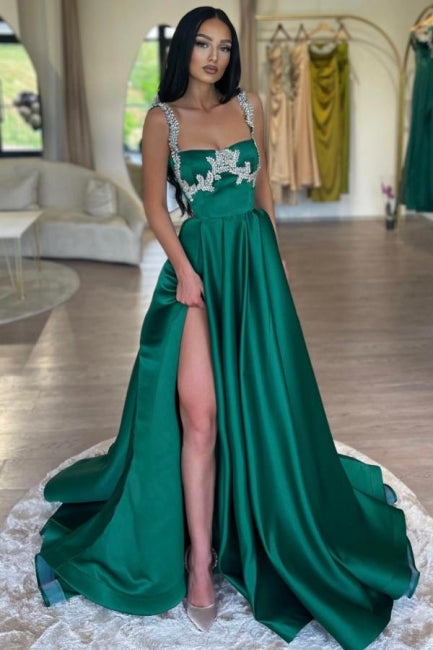 Dreamyannie Dark Green Prom Dress A Line Sleeveless Rhinestones Satin Formal Dress With Slit