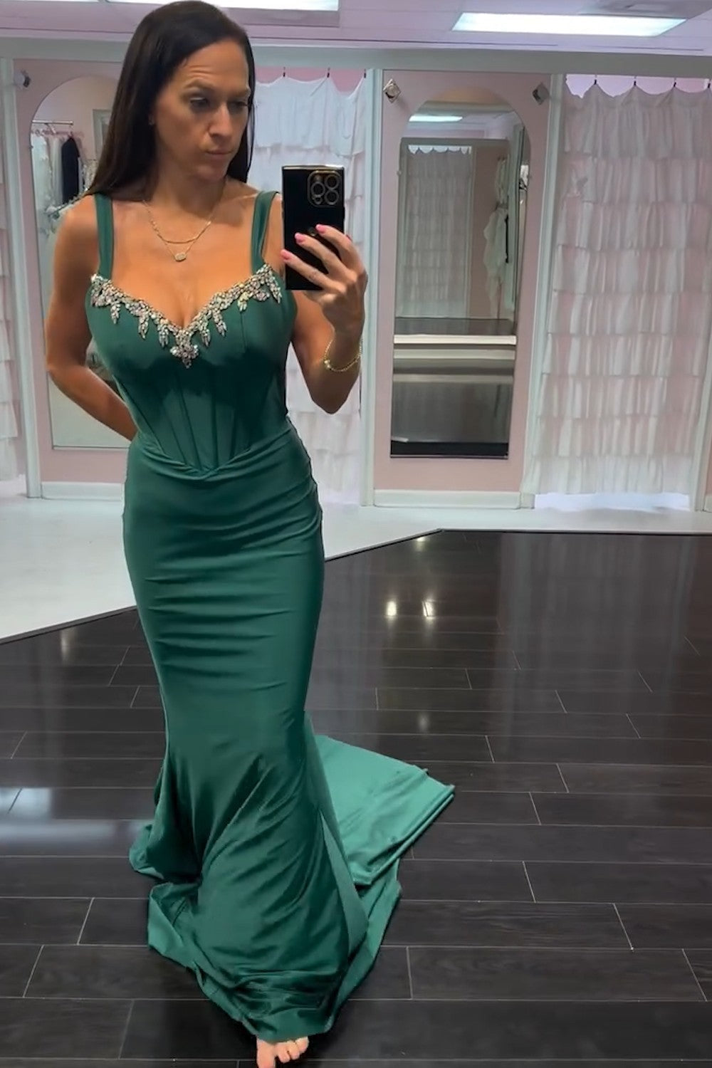 Dreamyannie Dark Green Prom Dress Floral Mermaid Spaghetti Straps Long Formal Dress