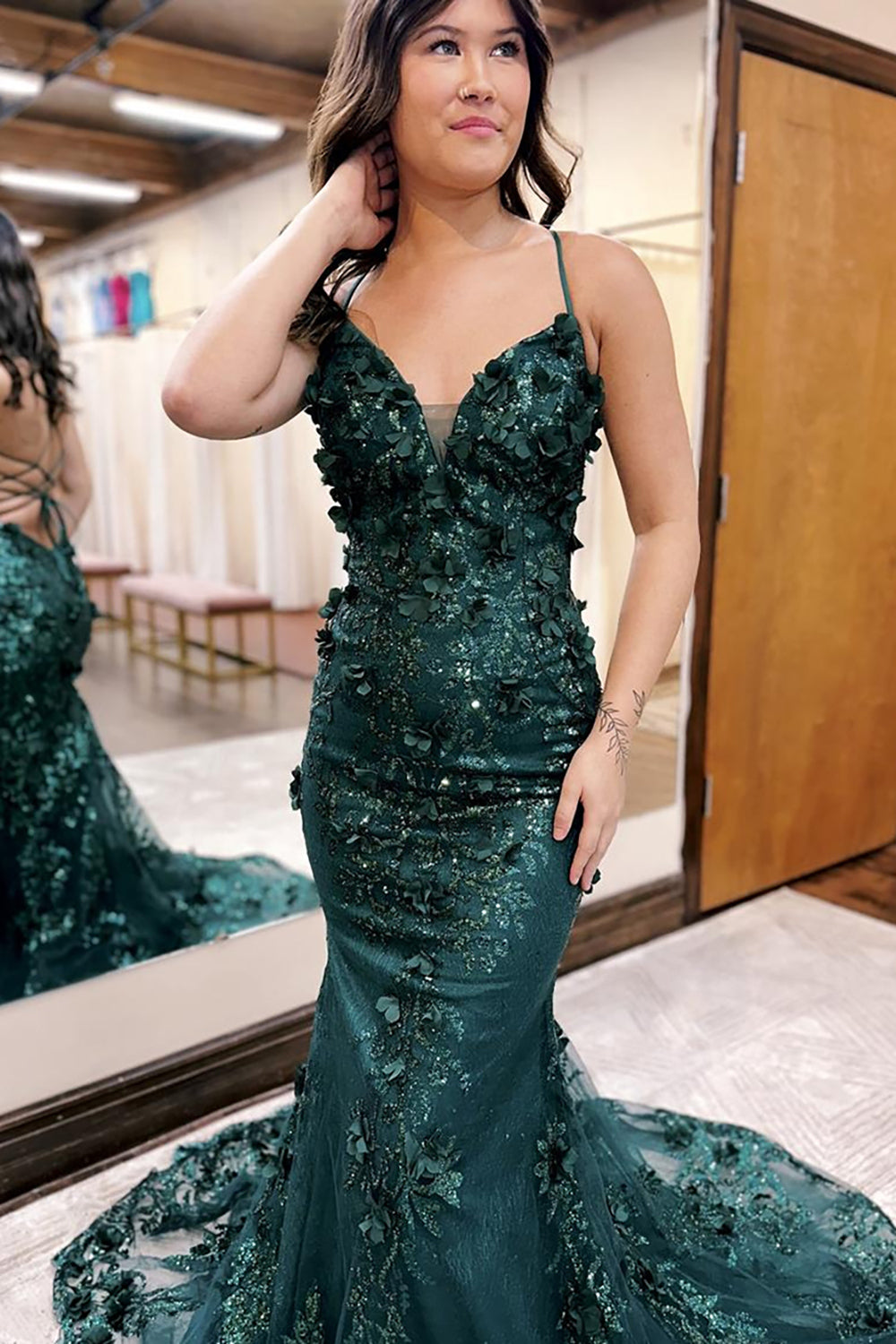 Dreamyannie Dark Green Prom Dress Mermaid Lace-Up Back Long Formal Dress With 3D Flowers