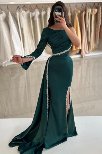 Dreamyannie Dark Green Prom Dress Mermaid One Shoulder Beaded Panel Train Satin Slit Formal Dress